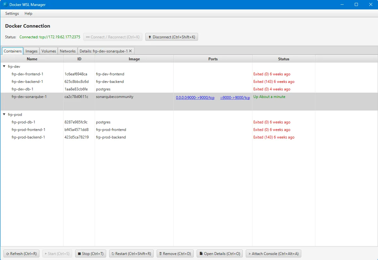 Docker WSL Manager showing containers grouped by Docker Compose project, with image, ports, and status columns.
