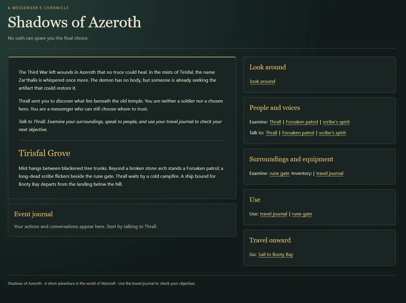 JETA running the sample adventure Shadows of Azeroth: story text for Tirisfal Grove and an event journal on the left, and panels on the right for looking around, examining and talking to characters, using items, and travelling onward.