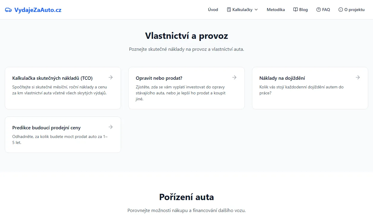 VydajeZaAuto.cz home page with a card for each calculator, from total cost of ownership to the price of comfort.
